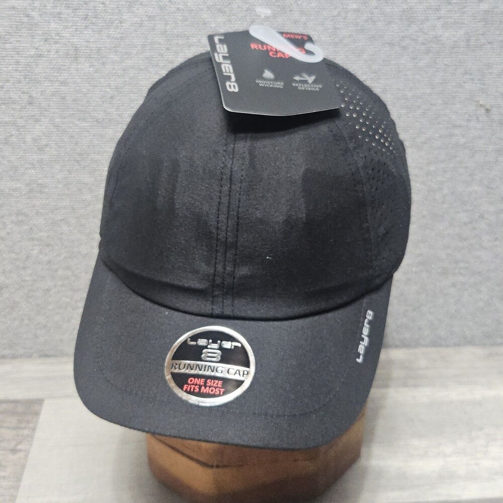 Layer8  Black Running Hat Cap One Size Strap Back Moisture Wicking Fit Most NWT